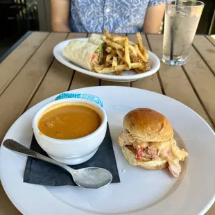 Firecracker salmon wrap with truffle fries + lobster grilled cheese slider with lobster bisque