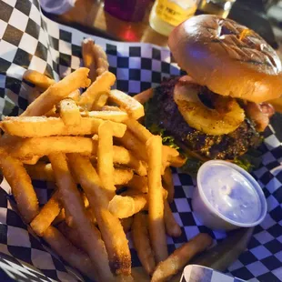 Haole Burger: (Hawaiian Style Burger w/ Pineapple, BBQ Sauce)
