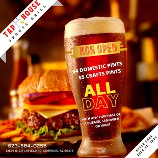 a pint of beer and a burger