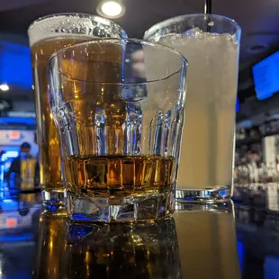 Tullamore dew, pink crush &amp; a three notch'd beer