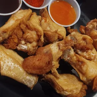 Fried wings with a  array of sauces