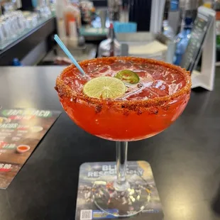 Spicy watermelon Marg w chamoy and tajin rim