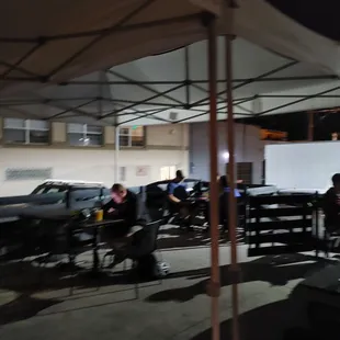 a group of people sitting under an umbrella