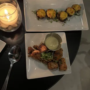 Crimini mushrooms and the blackened salmon nuggets