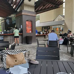 people sitting at tables outside