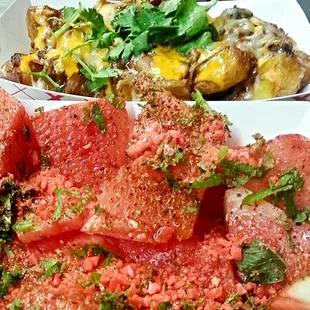 Close up of Watermelon Poprocks, Pulled Pork Fries, Fried Avocado Taco