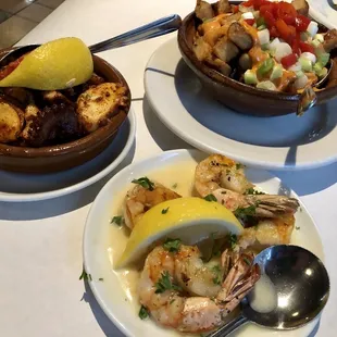 Shrimp, grilled octopus, and 21. Patatas Bravas