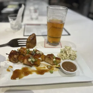Teriyaki Chicken skewers with spicy peanut sauce and a BEER.