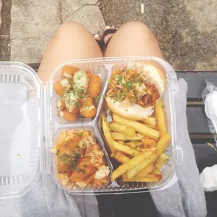 corn fritters, pork slider, garlic fries &amp; chicken w/ rice.