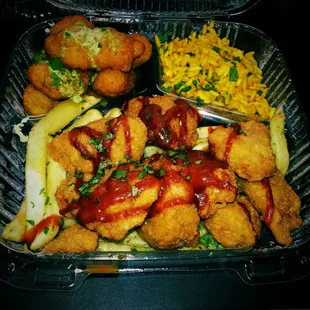 Corn Fritters at top left, Saffron Rice at top right and double order of Chicken on the bottom.
