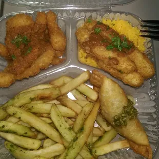 Shrimp Pil-Pil, Calamri sticks w/ Saffron Rice, Garlic Fries, and a Beef Empanada