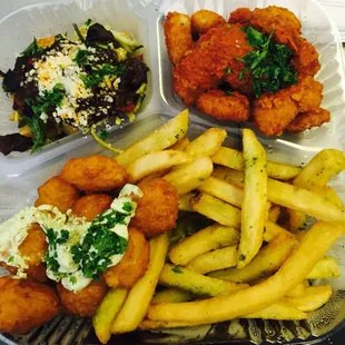 Veggie tapa, shrimp and corn fritters with the garlic fries