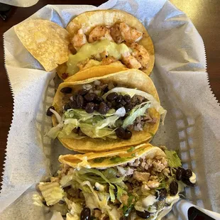 Camaron, chicken, and azada street tacos.