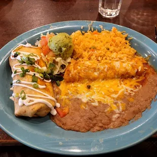 Combo Dos: Chimichanga &amp; Enchilada, rice &amp; beans