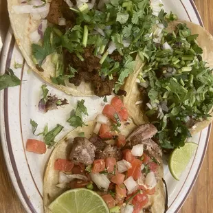 Tacos, 1 Carne Asada, 1 Al Pastor and 1 Carnitas taco