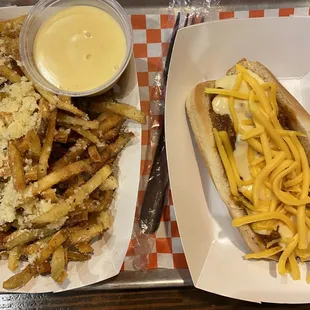 Chili Cheese Dog and Garlic Parm Fries