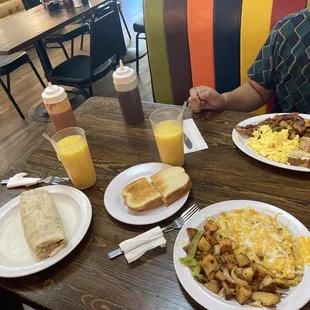 Chorizo burrito, western omelette and French toast deluxe