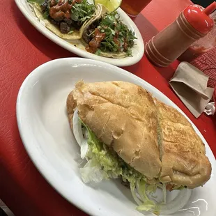 Torta de carne asada and 2 tacos de carne asada con todo! Delicious