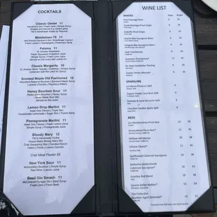 Drinks menu