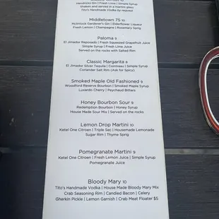 a menu for cocktails