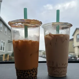 Left: thai tea w/ boba (small pearl) Right: Almond milk tea w/ coconut jelly