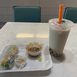 Shrimp 2 Spring Roll Chai Milk Tea with Almond milk