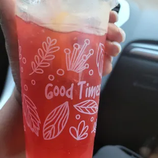 Orange ,Strawberry green tea with crystal boba. Much needed and refreshing!!
