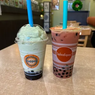 Avocado Snow Bubble reg size and Strawberry milk tea Lg size- both with boba