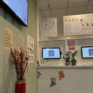 a counter and a tv