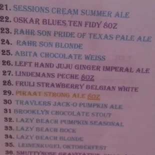 Beer menu