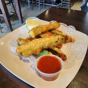 Zucchini Sticks that are served with one of the absolute best horseradish sauces I've ever had. Seriously I could drink this stuff.