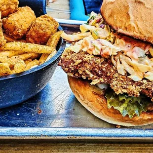 Fried chicken sandwich and tots and fries