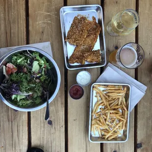 Simple salad, fish and chips, season fries- pear cider &amp; Bhodi refreshments (mask also pictured)