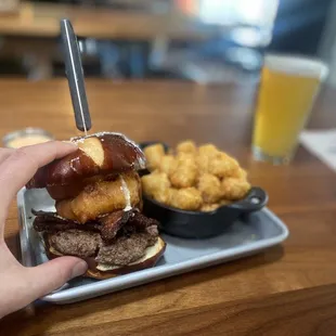 Pretzel Burger with Tater Tots