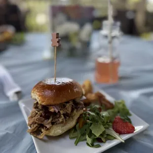 Pulled pork slider, salad, fried vegetable thing.  I don't know the menu names of anything because it was catered but it was all good.