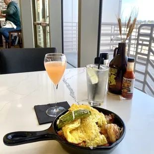 Chorizo Skillet (minus the chorizo, replaced with shrimp instead) | Grapefruit Mimosa $12