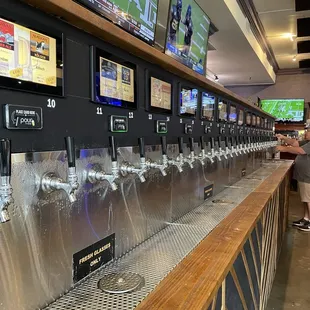 a row of beer taps in a sports bar