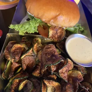 Classic burger and zucchini chips