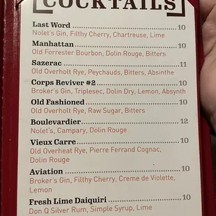 Cocktail menu