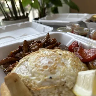 a meal in a styrofoam container