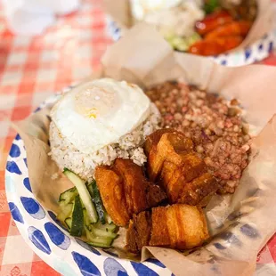 Combo plate with lechon kawali and corned beef hash