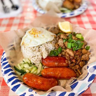 Combo plate with longsilog and sisig