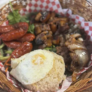 Combo plate with longanisa, liempo, and bistek