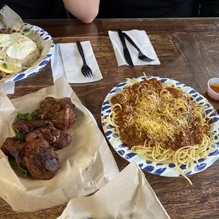 Hearty portion of Spaghetti & Fried Chicken