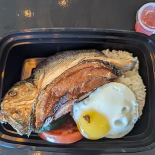 Bangsilog - one and half fish deep fried, garlic rice and egg