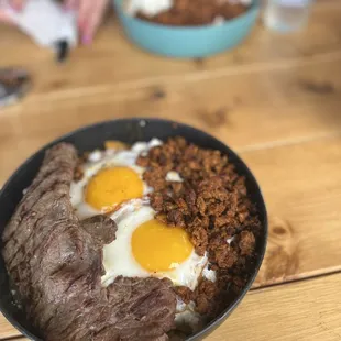 Double meat chilaquiles. Chorizo and bistec