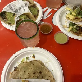 Tacos de (Pastor), Taco de Carne Asada, Carne Asada Quesadilla, Strawberry Margarita