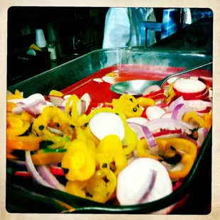 onions, peppers, and peppers