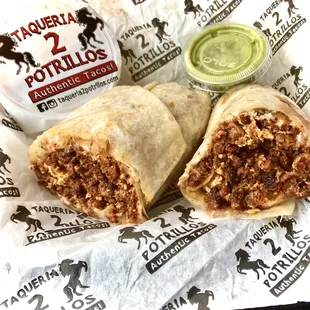 Very nice chorizo/egg/cheese burrito, so meaty, not too greasy, decent size, 2 could split it.