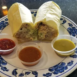 Carnitas California Burrito.  Mix the red and green hot sauces...